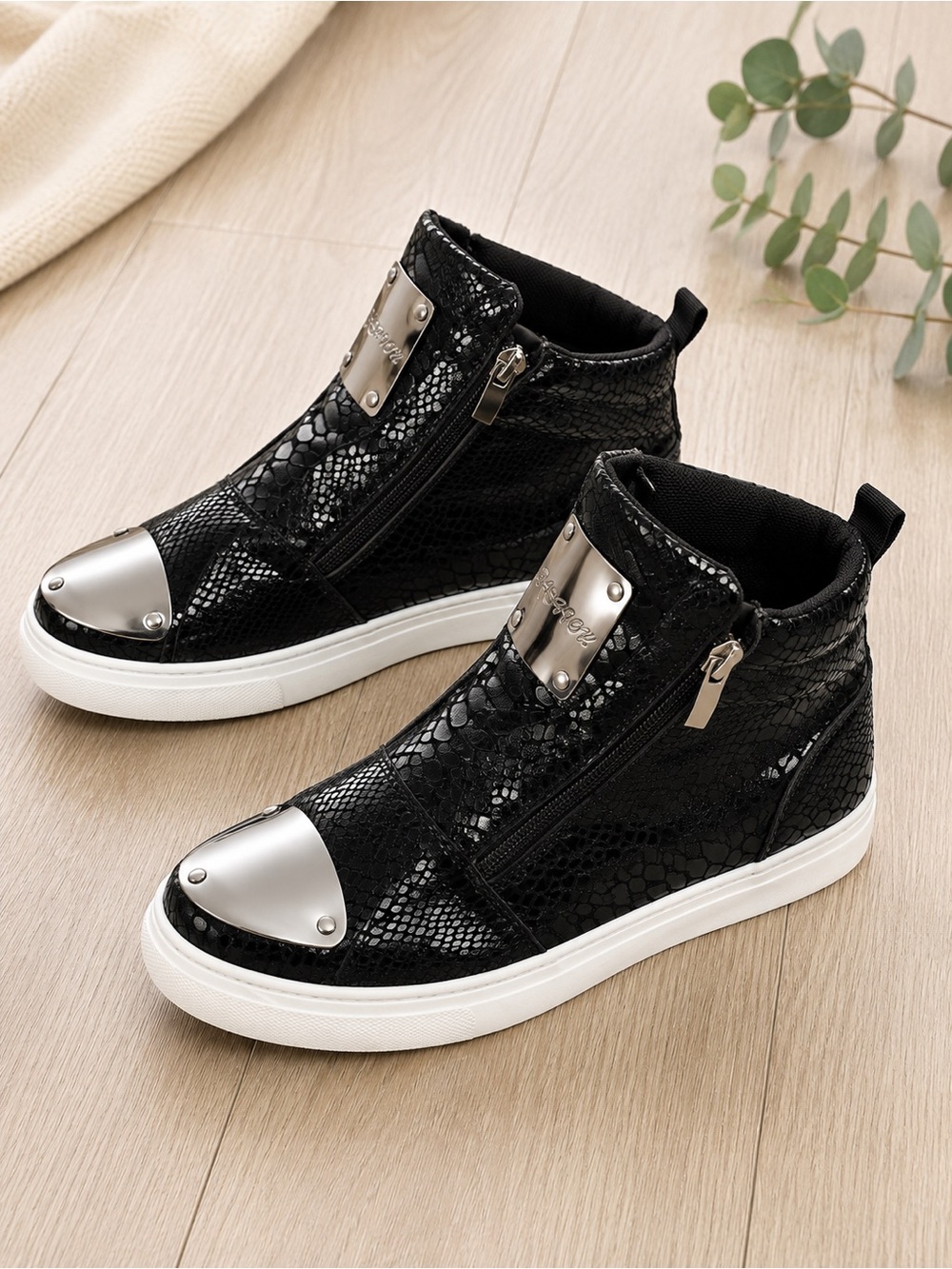Black Snakeskin Wedge High Top Sneakers Metal Toe Zip Size 41
